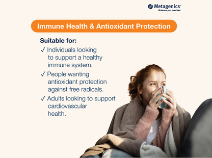 Information about immune health and antioxidant protection with Quercetin 500 mg and lifestyle imagery