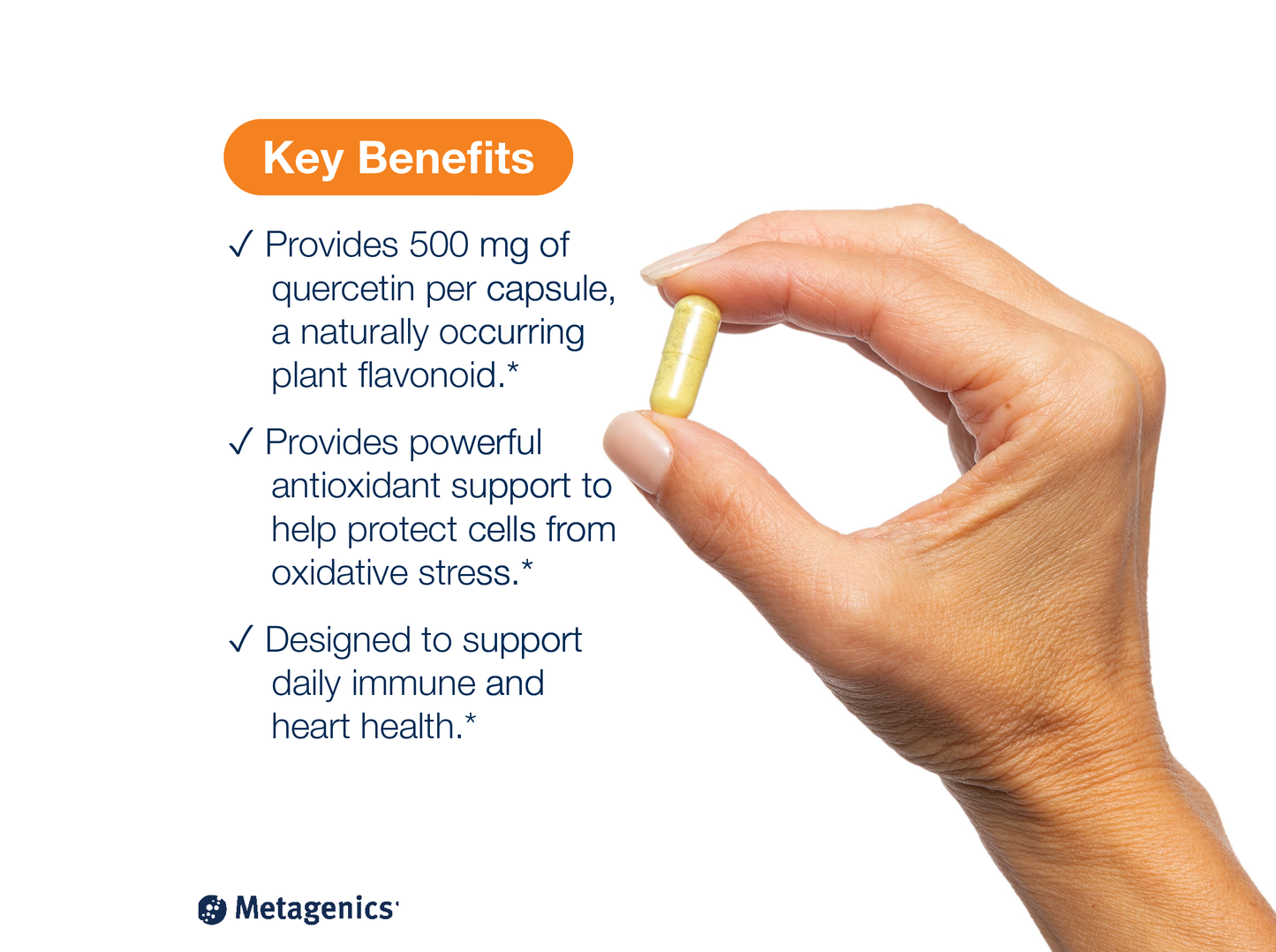 Hand holding a Quercetin 500 mg capsule beside key product benefits and Metagenics branding