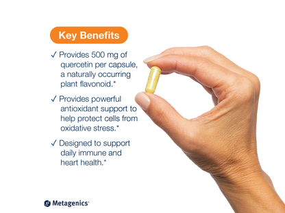 Hand holding a Quercetin 500 mg capsule beside key product benefits and Metagenics branding