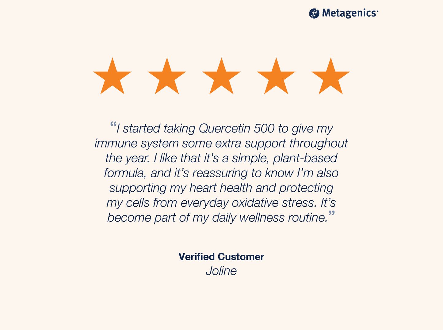 Five-star customer review for Quercetin 500 mg with testimonial text and Metagenics branding