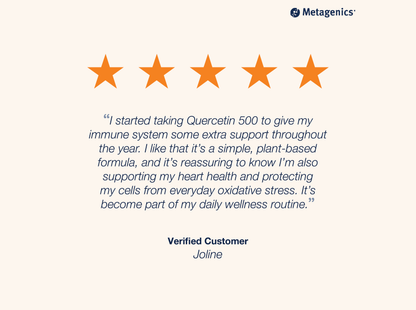 Five-star customer review for Quercetin 500 mg with testimonial text and Metagenics branding