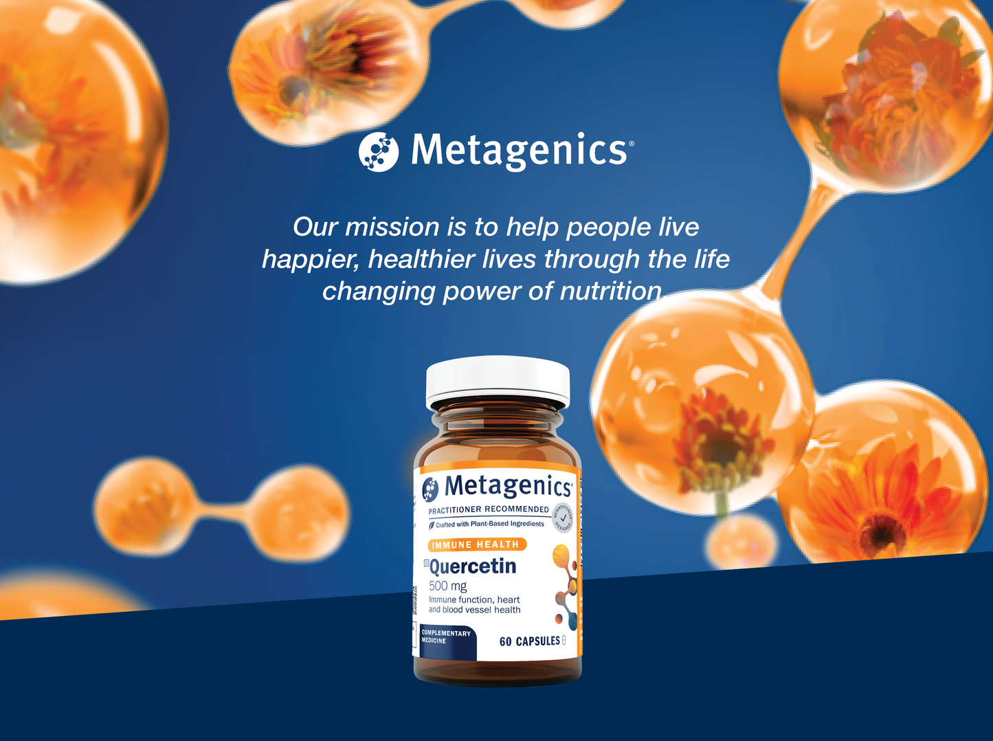 Metagenics Quercetin 500 mg supplement bottle displayed with the Metagenics mission to help people live happier and healthier lives through the life-changing power of nutrition