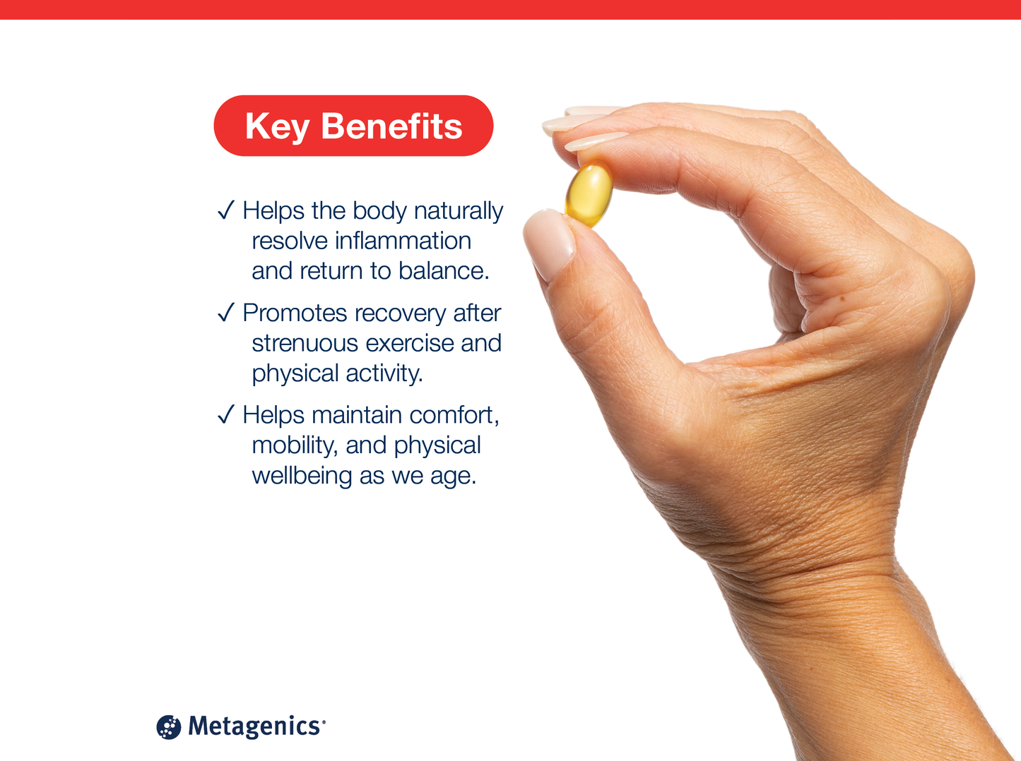 Hand holding an SPM Active capsule beside key product benefits and Metagenics branding