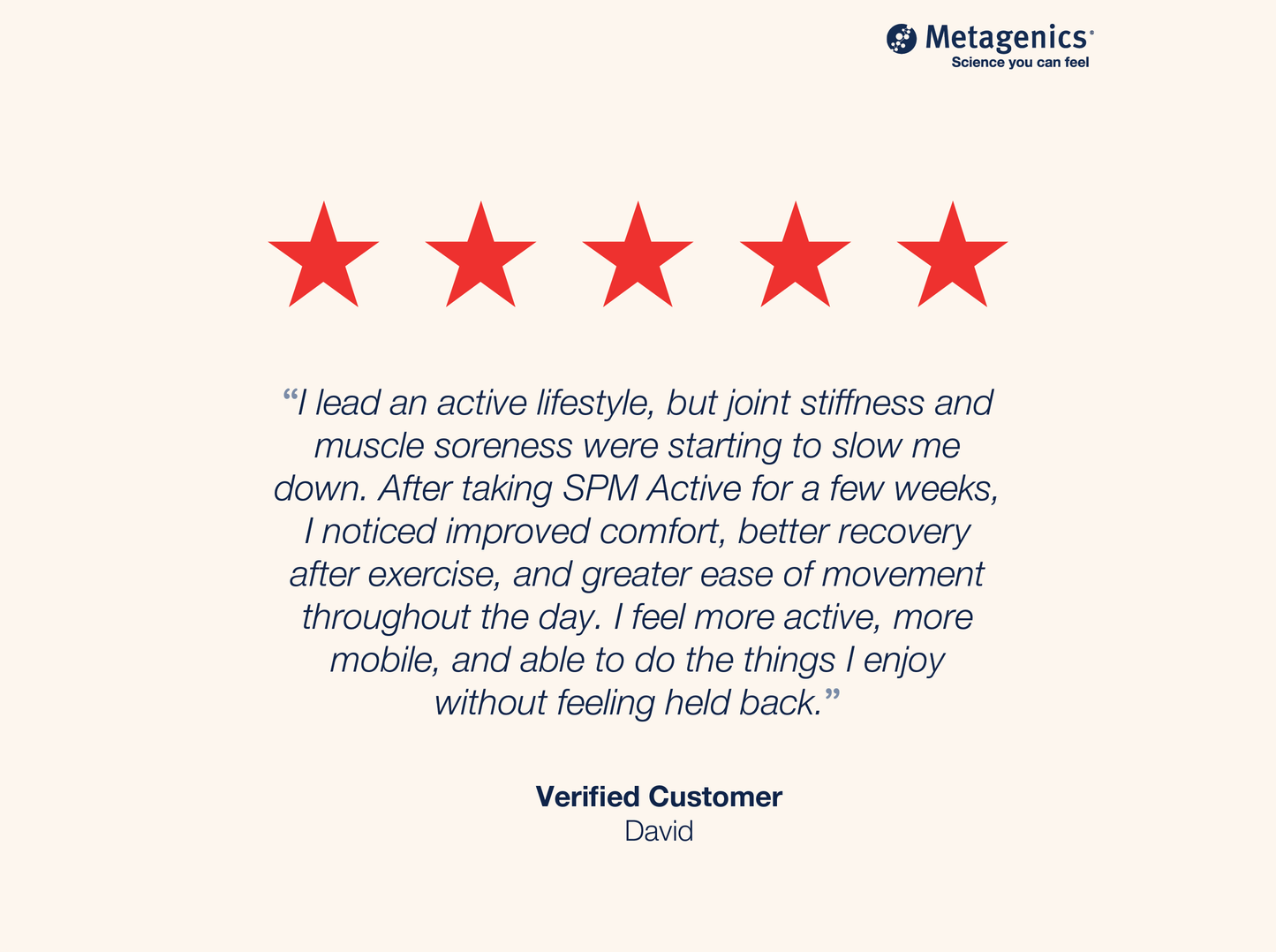 Five-star customer review for SPM Active with testimonial text and Metagenics branding