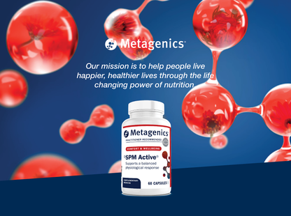 Metagenics SPM Active supplement bottle displayed with the Metagenics mission to help people live happier and healthier lives through the life-changing power of nutrition