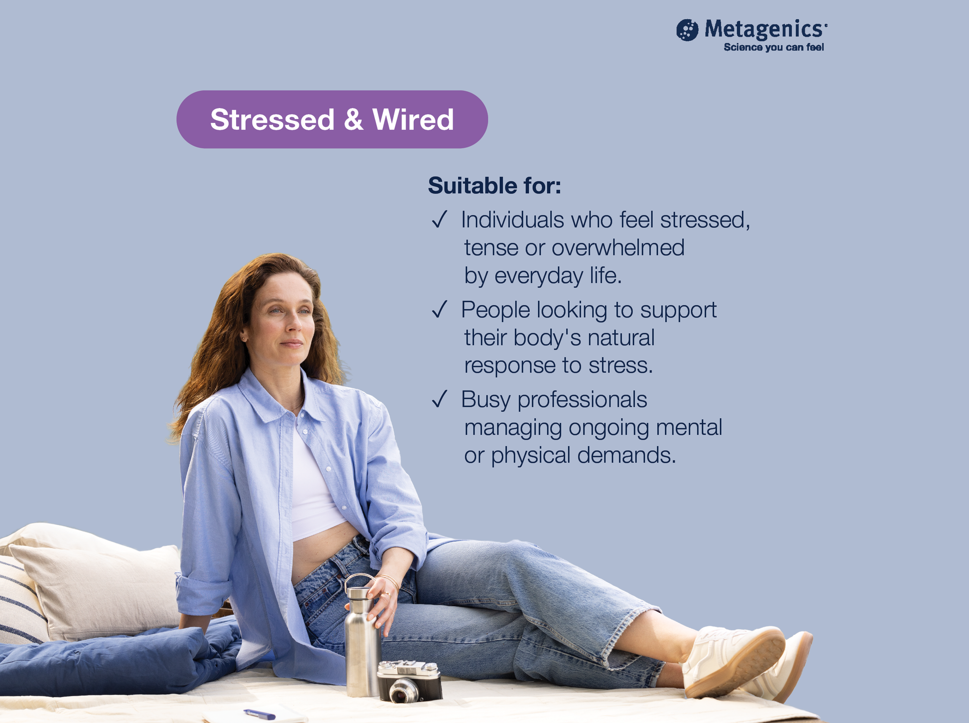 Information about stress management and emotional wellbeing support with Serenagen and lifestyle imagery