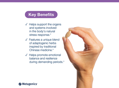 Hand holding a Serenagen tablet beside key product benefits and Metagenics branding