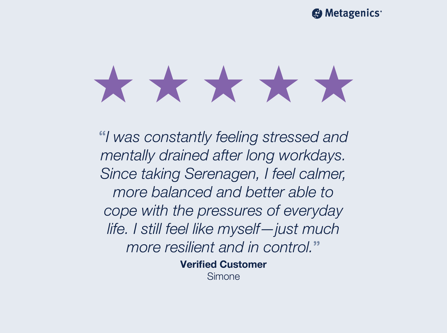 Five-star customer review for Serenagen with testimonial text and Metagenics branding