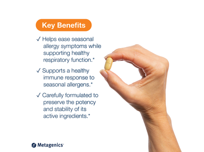 Hand holding a Sinuplex tablet beside key product benefits and Metagenics branding