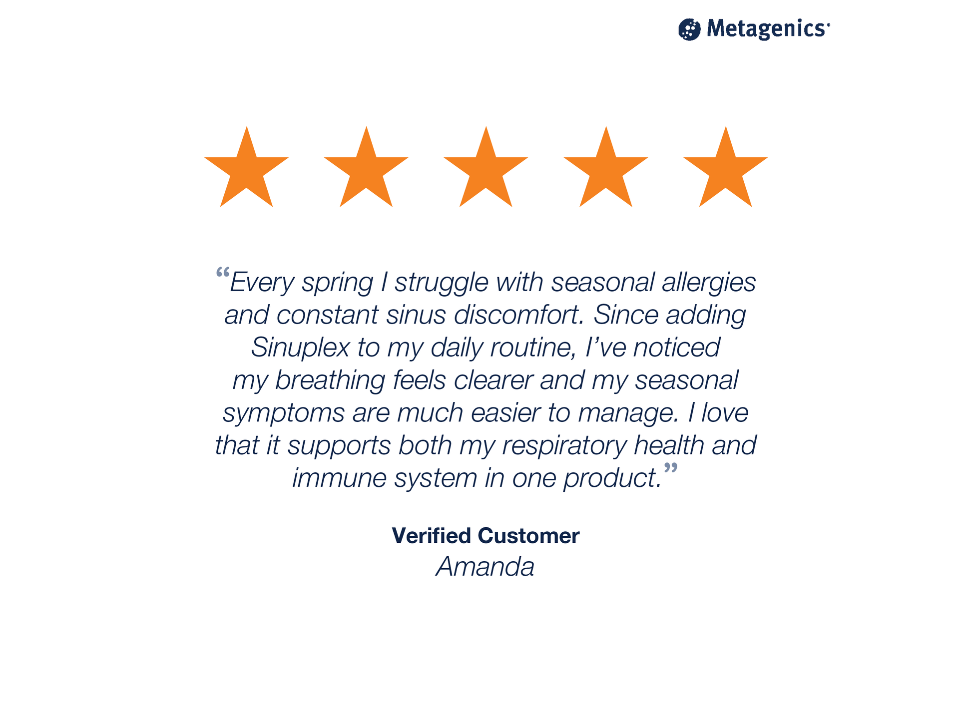 Five-star customer review for Sinuplex with testimonial text and Metagenics branding