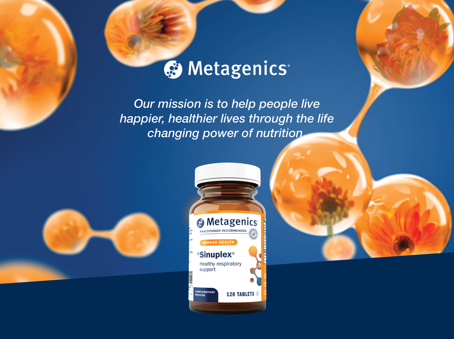 Metagenics Sinuplex supplement bottle displayed with the Metagenics mission to help people live happier and healthier lives through the life-changing power of nutrition