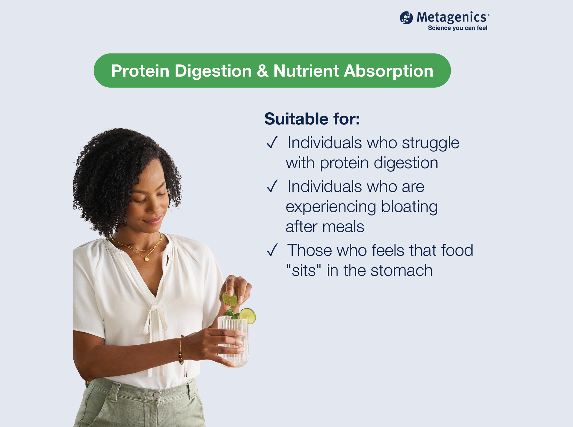 Information about protein digestion and stomach acid support with SpectraZyme Metagest and lifestyle imagery