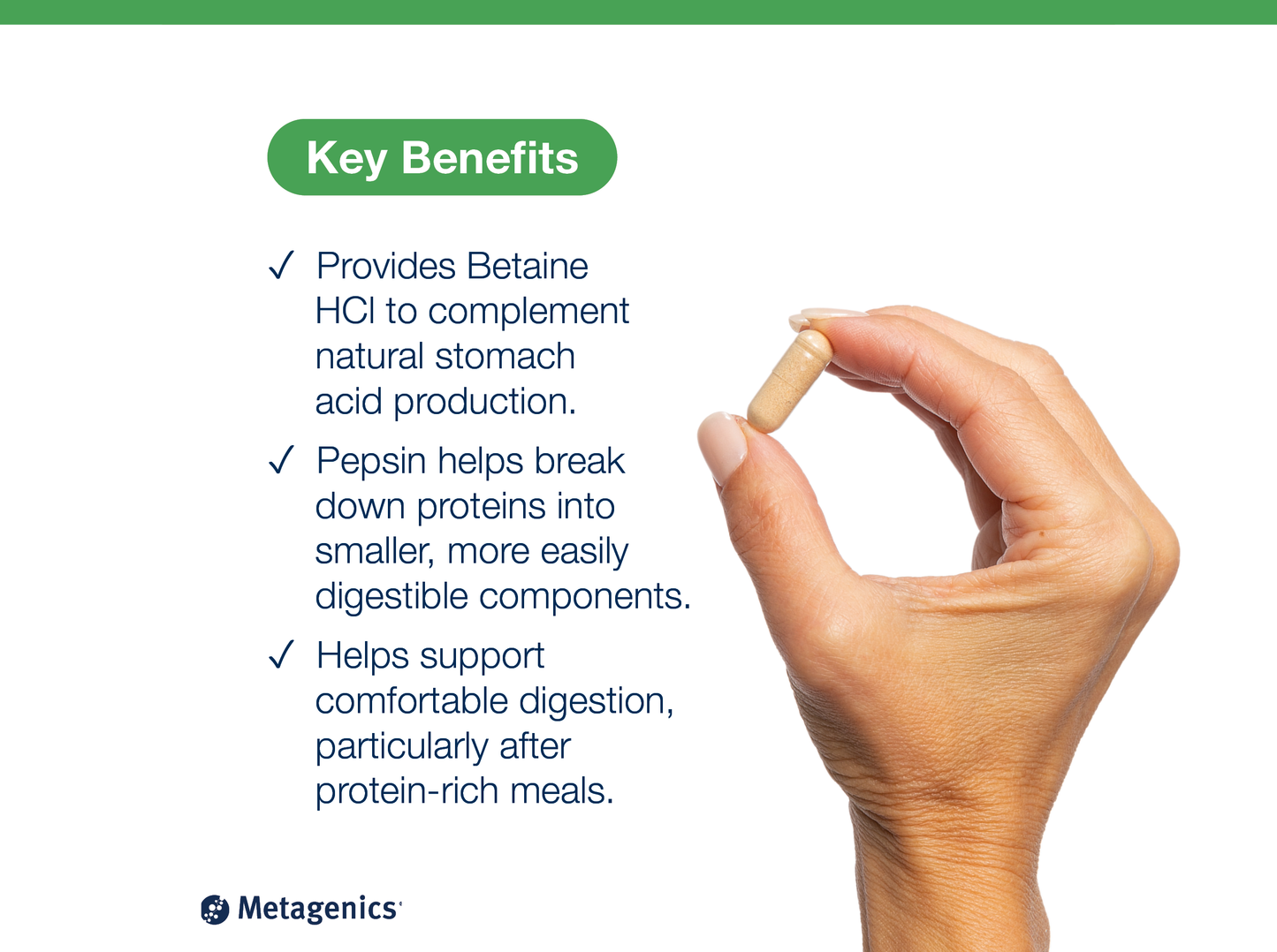 Hand holding a SpectraZyme Metagest tablet beside key product benefits and Metagenics branding