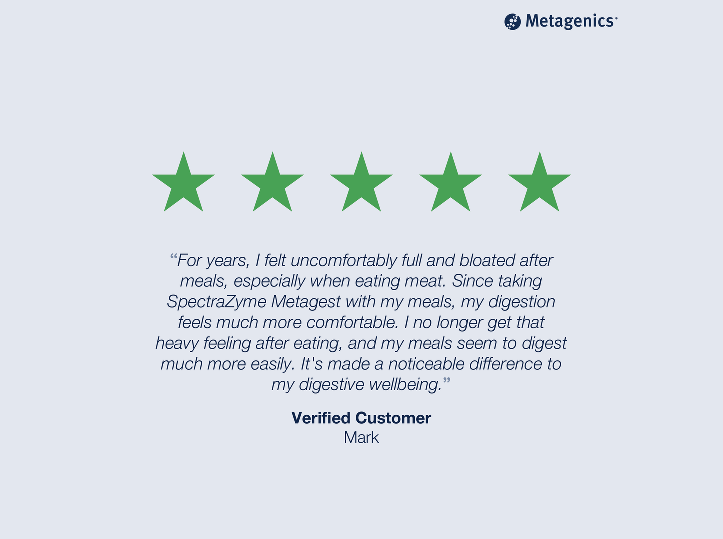 Five-star customer review for SpectraZyme Metagest with testimonial text and Metagenics branding