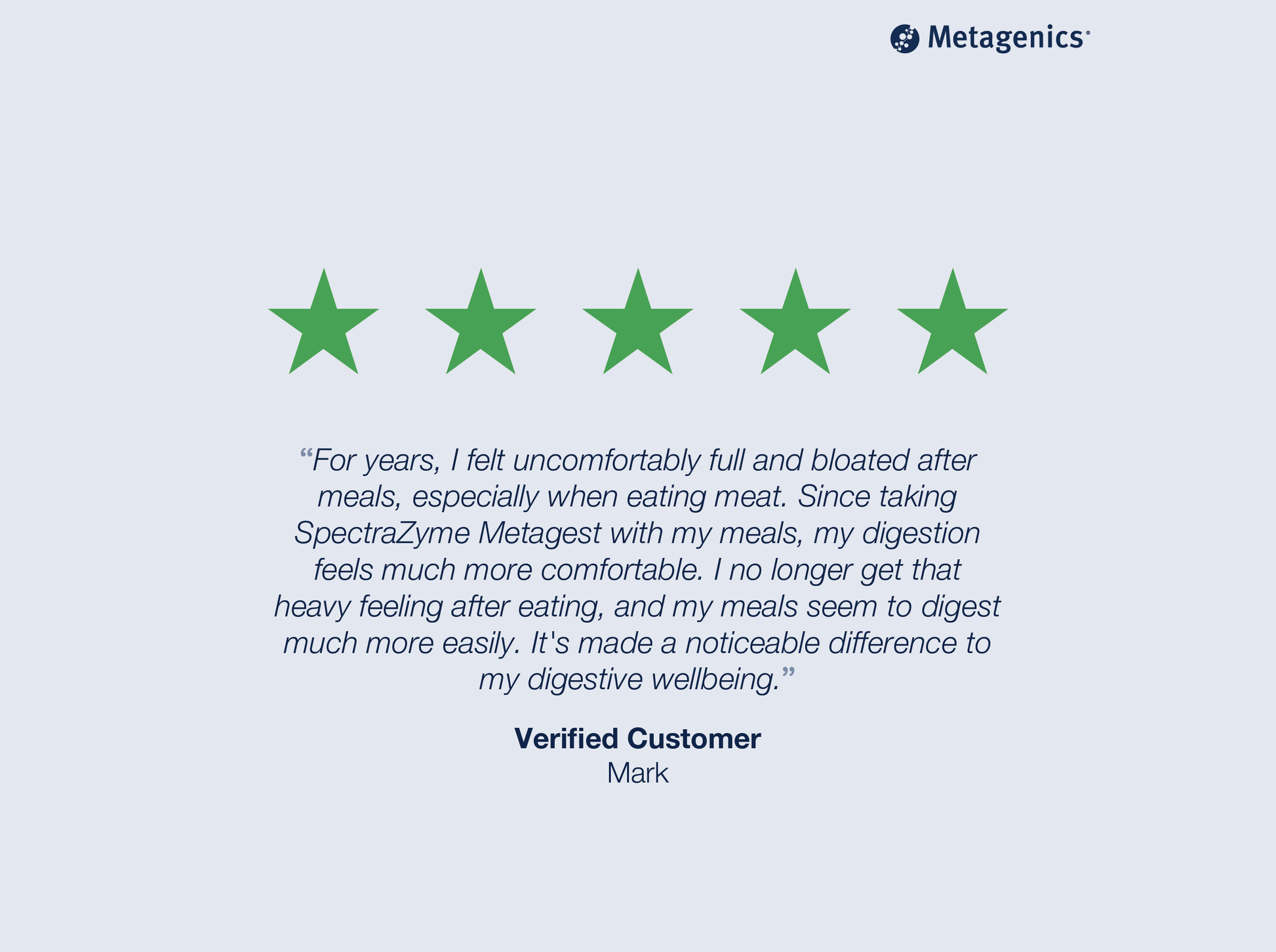 Five-star customer review for SpectraZyme Metagest with testimonial text and Metagenics branding
