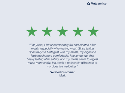 Five-star customer review for SpectraZyme Metagest with testimonial text and Metagenics branding