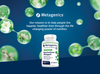 Metagenics SpectraZyme Metagest supplement bottle displayed with the Metagenics mission to help people live happier and healthier lives through the life-changing power of nutrition