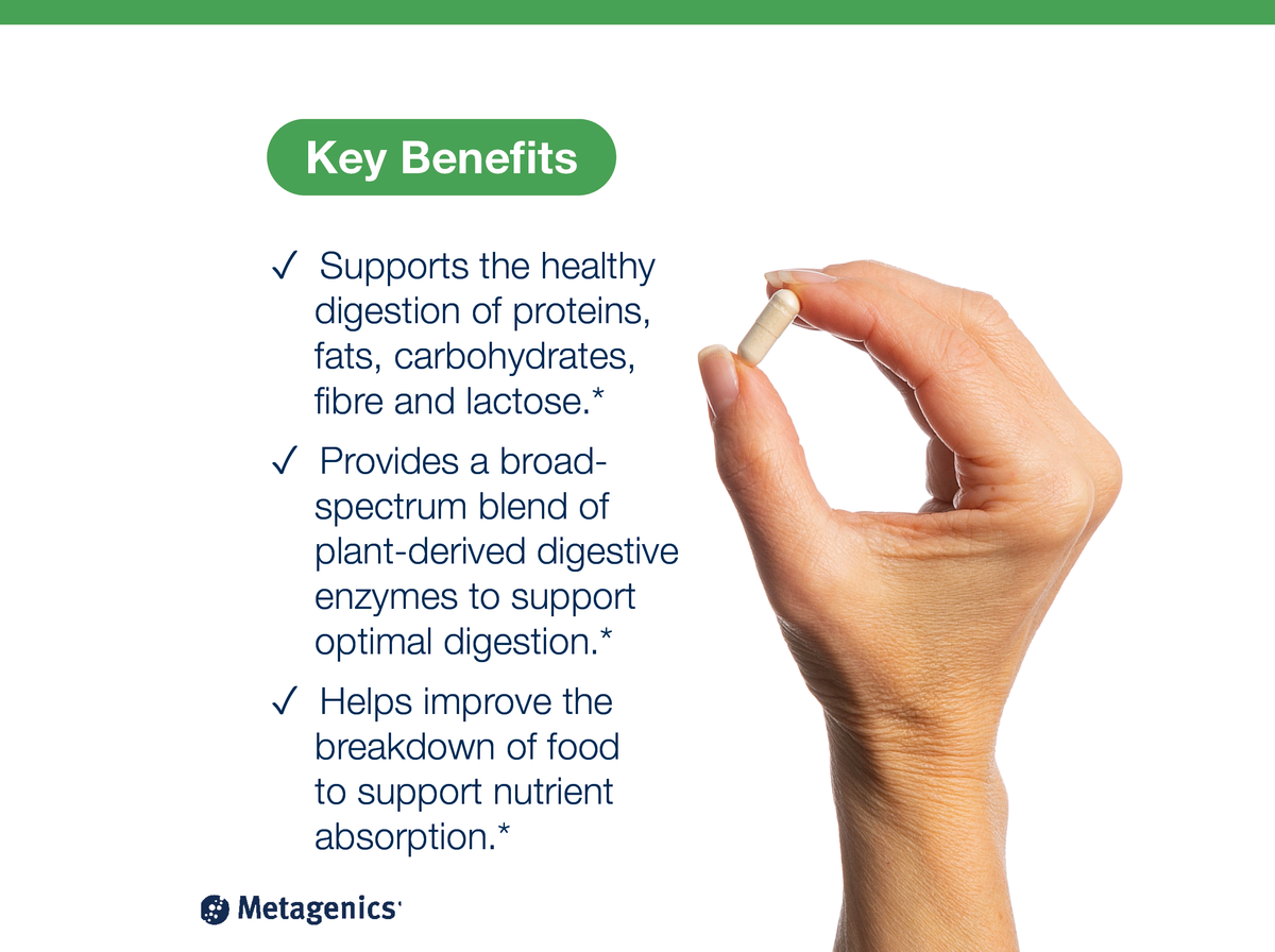 Hand holding a SpectraZyme Complete capsule beside key product benefits and Metagenics branding