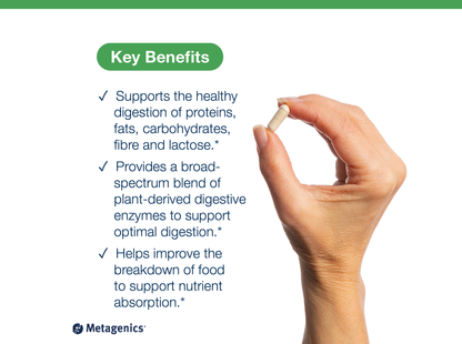 Hand holding a SpectraZyme Complete capsule beside key product benefits and Metagenics branding