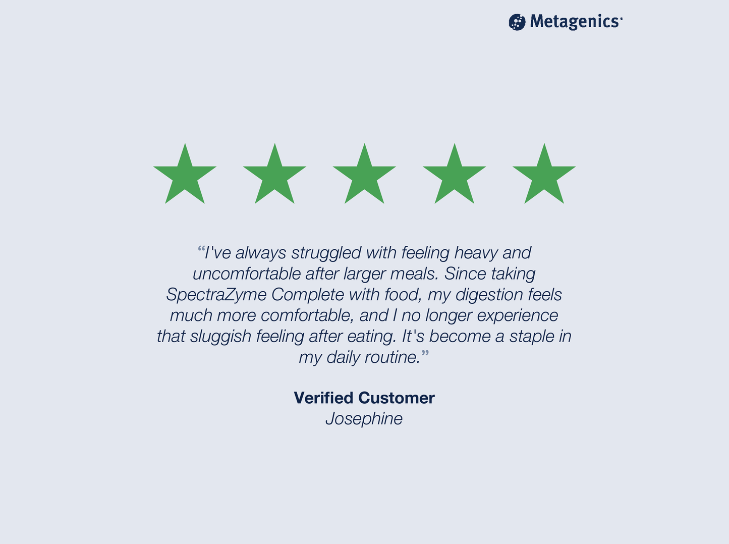 Five-star customer review for SpectraZyme Complete with testimonial text and Metagenics branding