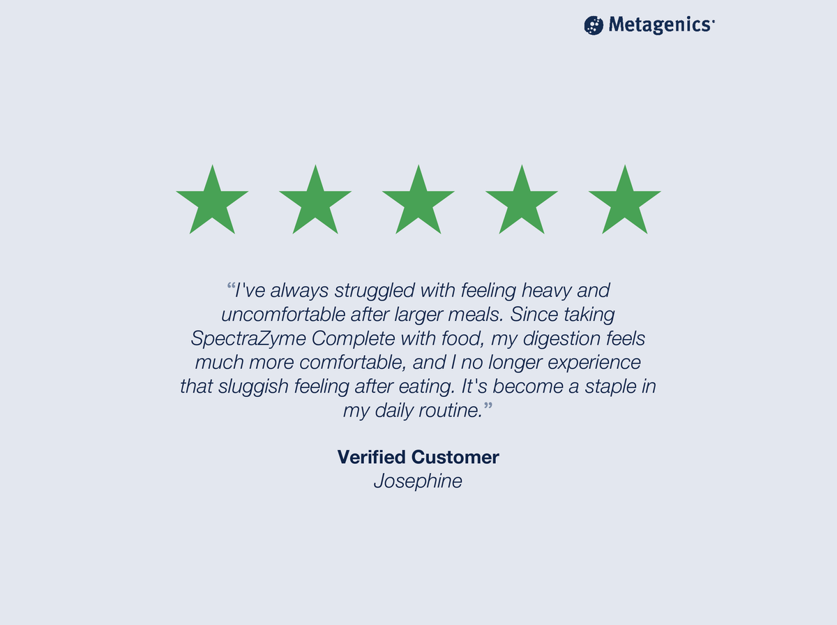 Five-star customer review for SpectraZyme Complete with testimonial text and Metagenics branding