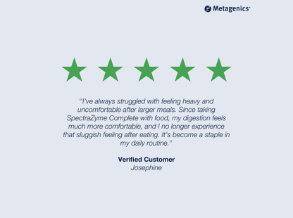 Five-star customer review for SpectraZyme Complete with testimonial text and Metagenics branding