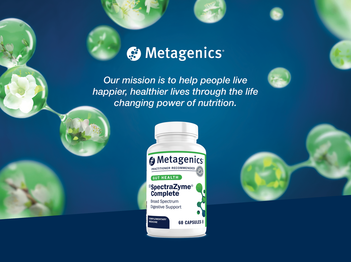 Metagenics SpectraZyme Complete supplement bottle displayed with the Metagenics mission to help people live happier and healthier lives through the life-changing power of nutrition