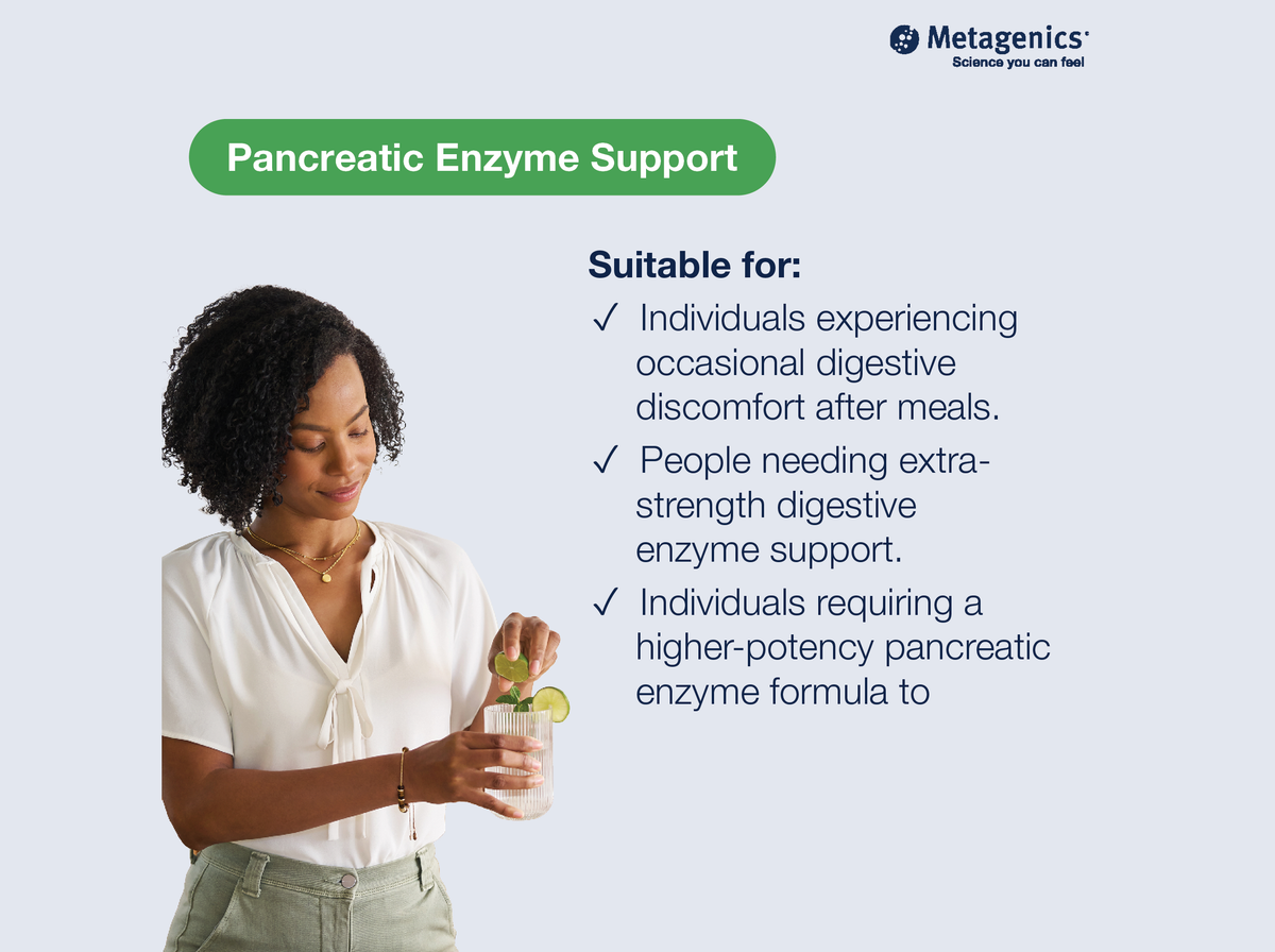 Information about pancreatic enzyme support and digestive function with SpectraZyme Pan 9x and lifestyle imagery