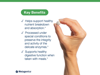 Hand holding a SpectraZyme Pan 9x tablet beside key product benefits and Metagenics branding