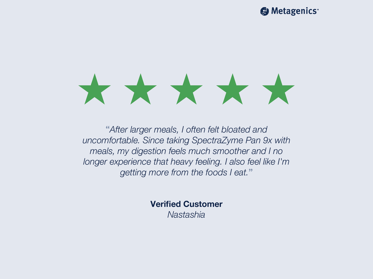Five-star customer review for SpectraZyme Pan 9x with testimonial text and Metagenics branding