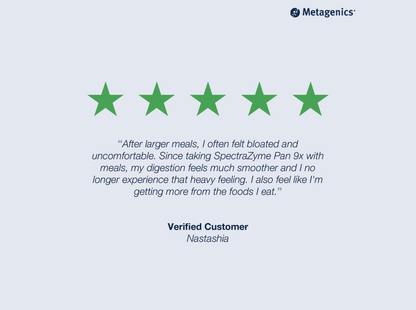 Five-star customer review for SpectraZyme Pan 9x with testimonial text and Metagenics branding