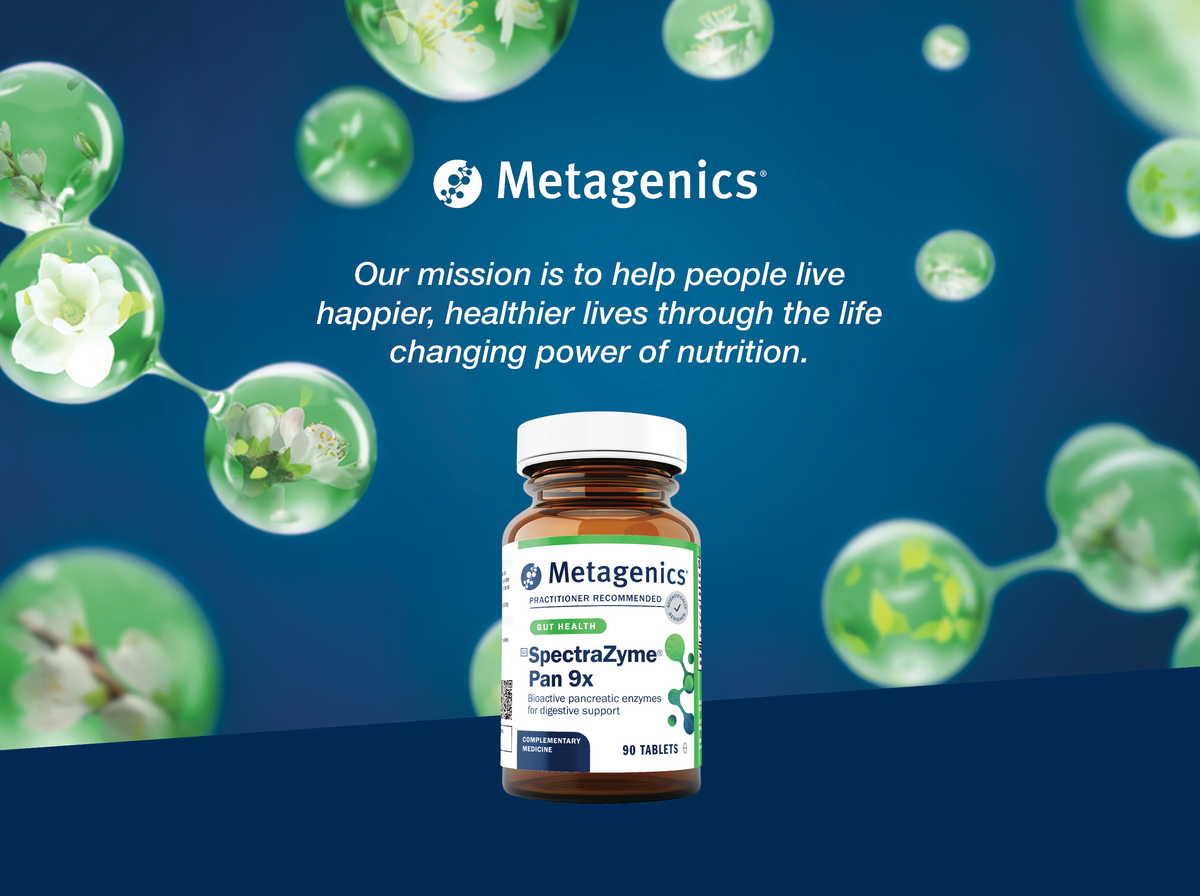 Metagenics SpectraZyme Pan 9x supplement bottle displayed with the Metagenics mission to help people live happier and healthier lives through the life-changing power of nutrition
