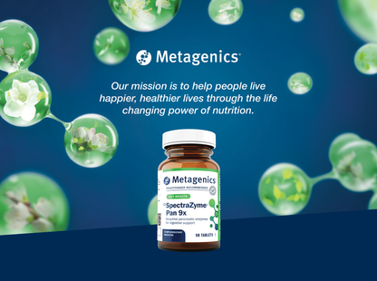 Metagenics SpectraZyme Pan 9x supplement bottle displayed with the Metagenics mission to help people live happier and healthier lives through the life-changing power of nutrition