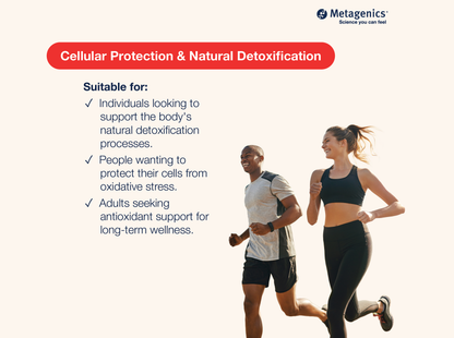 Information about cellular protection and metabolic detoxification support with SulforaClear and active lifestyle imagery