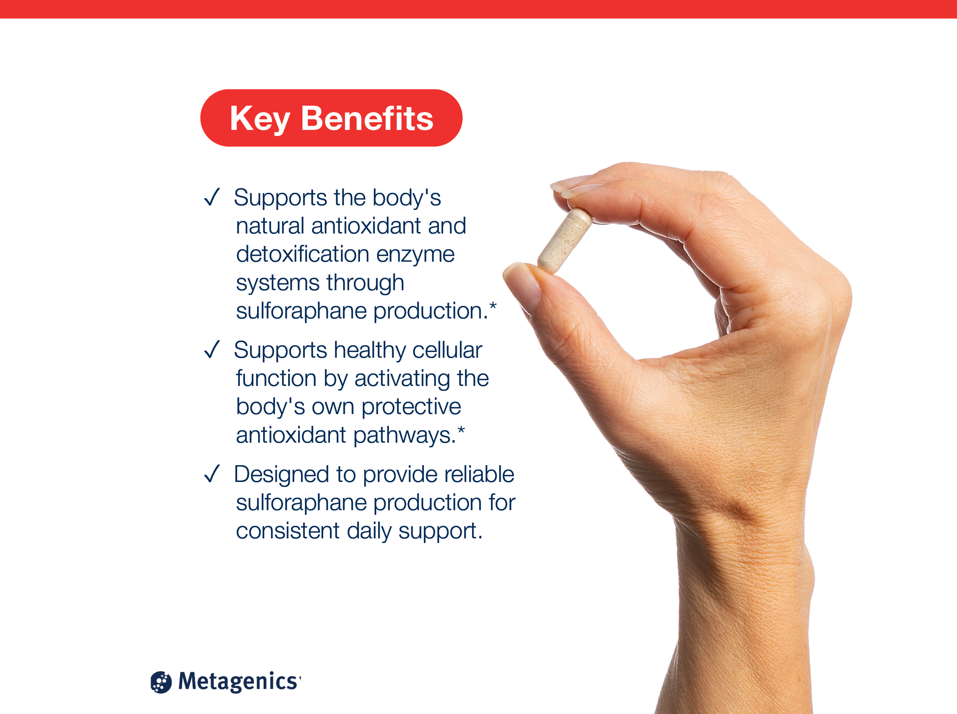 Hand holding a SulforaClear capsule beside key product benefits and Metagenics branding