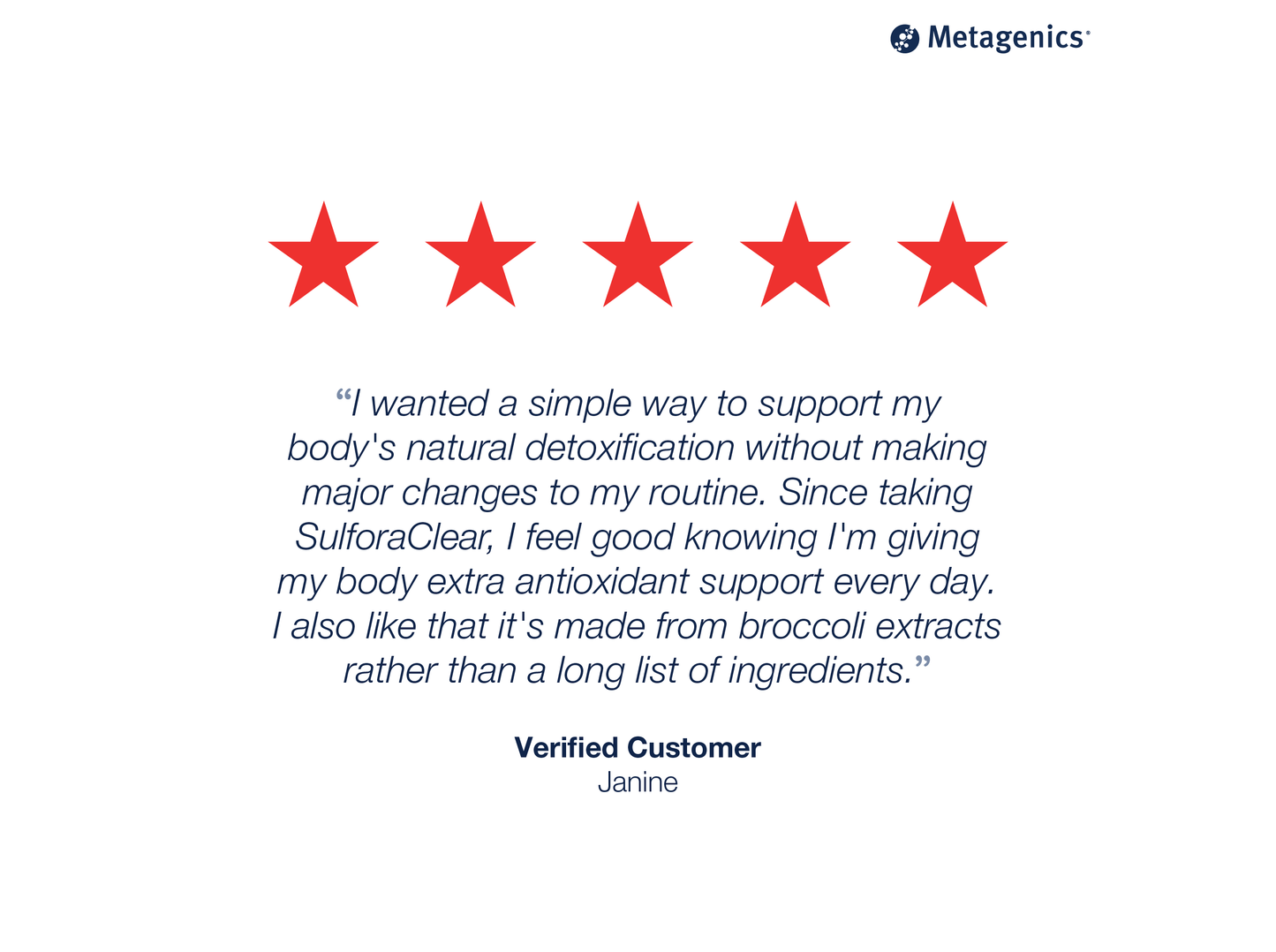 Five-star customer review for SulforaClear with testimonial text and Metagenics branding