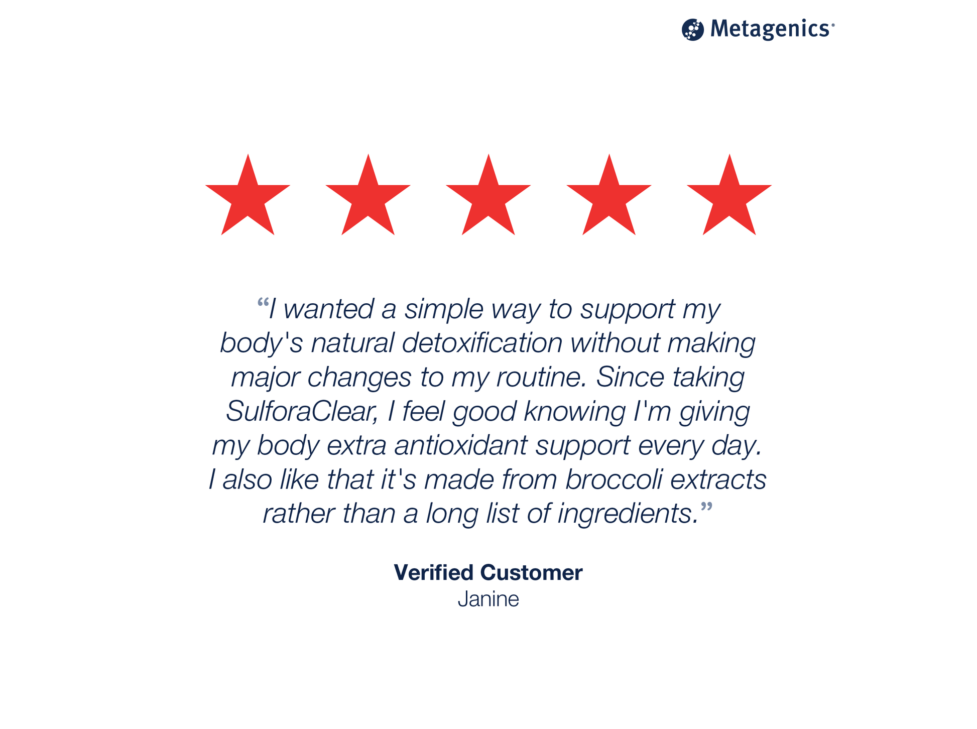 Five-star customer review for SulforaClear with testimonial text and Metagenics branding