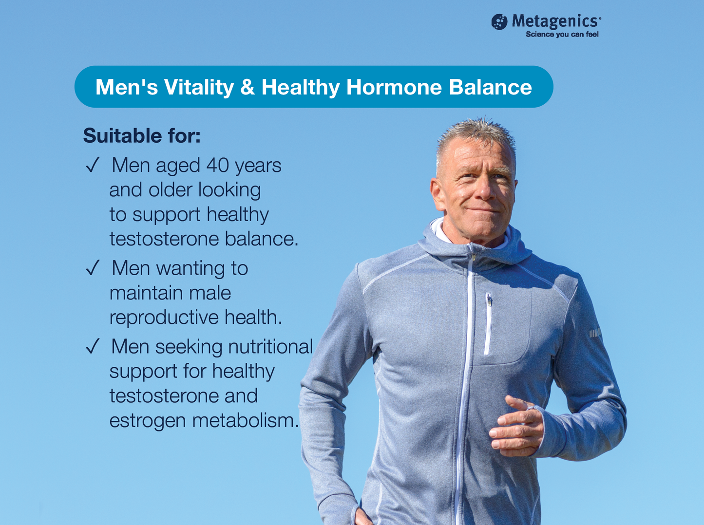 Information about healthy ageing and men's vitality support with Testralin and lifestyle imagery