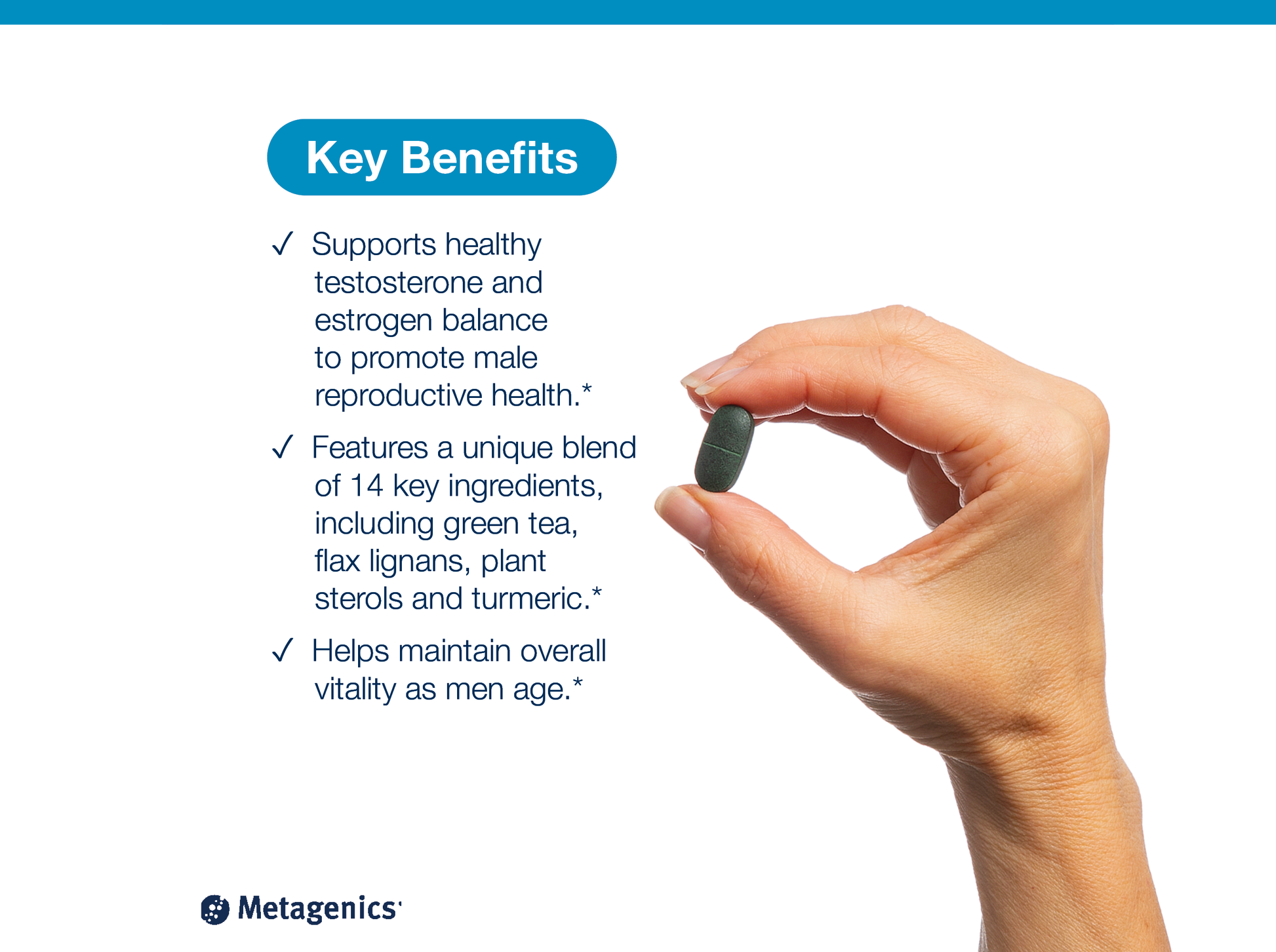 Hand holding a Testralin tablet beside key product benefits and Metagenics branding