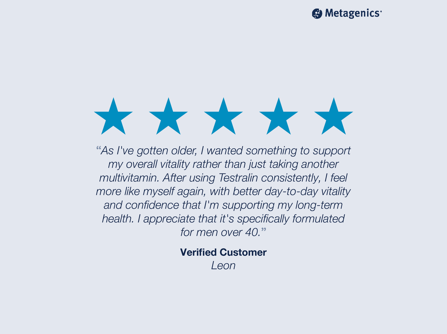Five-star customer review for Testralin with testimonial text and Metagenics branding