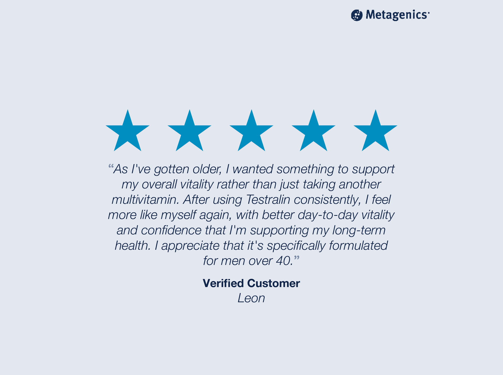 Five-star customer review for Testralin with testimonial text and Metagenics branding