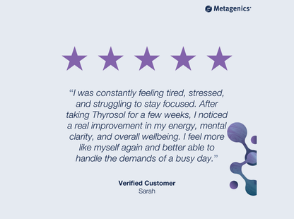 Five-star customer review for Thyrosol with testimonial text and Metagenics branding