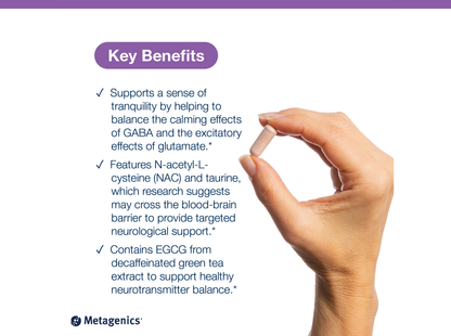 Hand holding a Trancor capsule beside key product benefits and Metagenics branding
