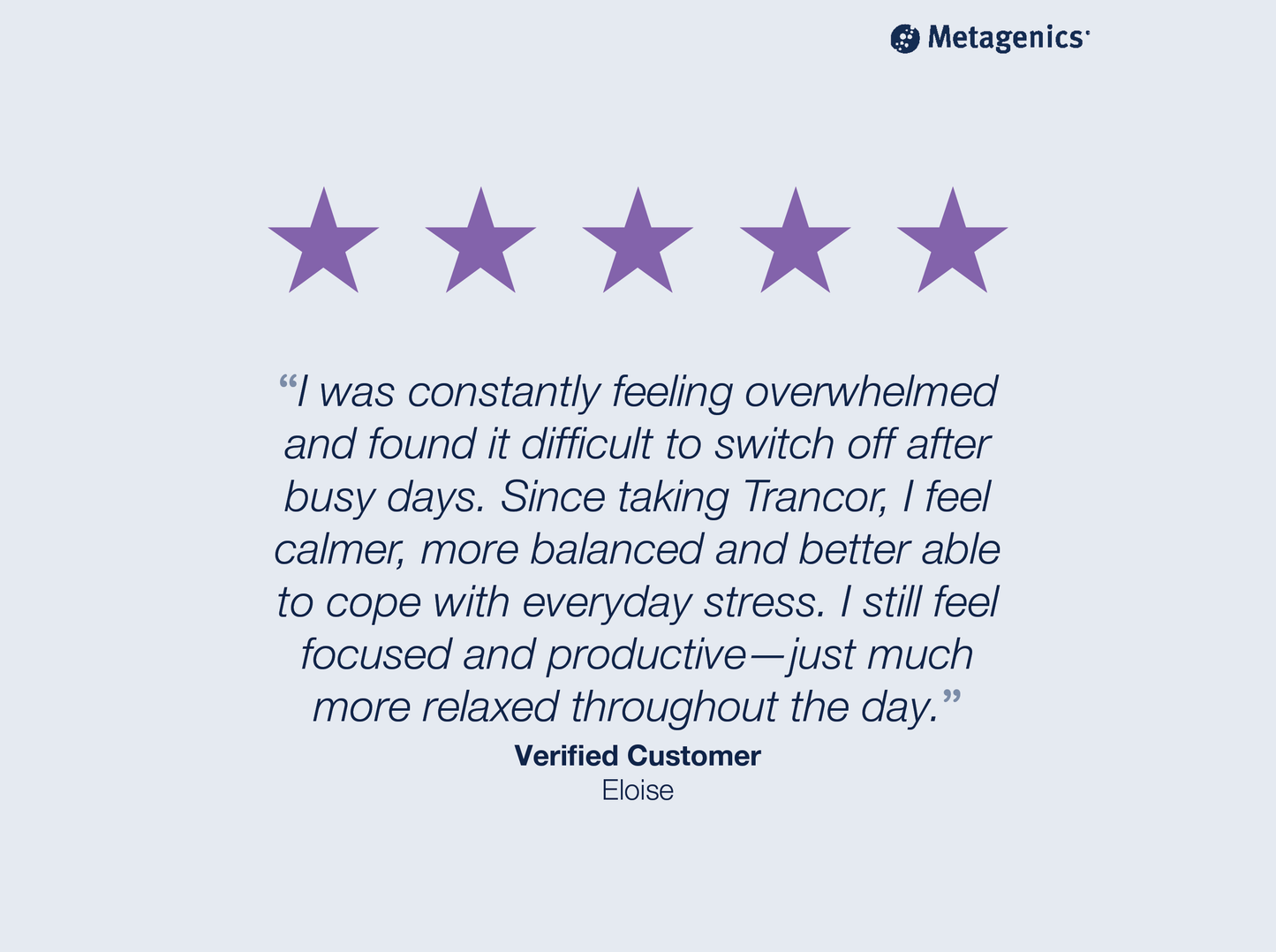 Five-star customer review for Trancor with testimonial text and Metagenics branding