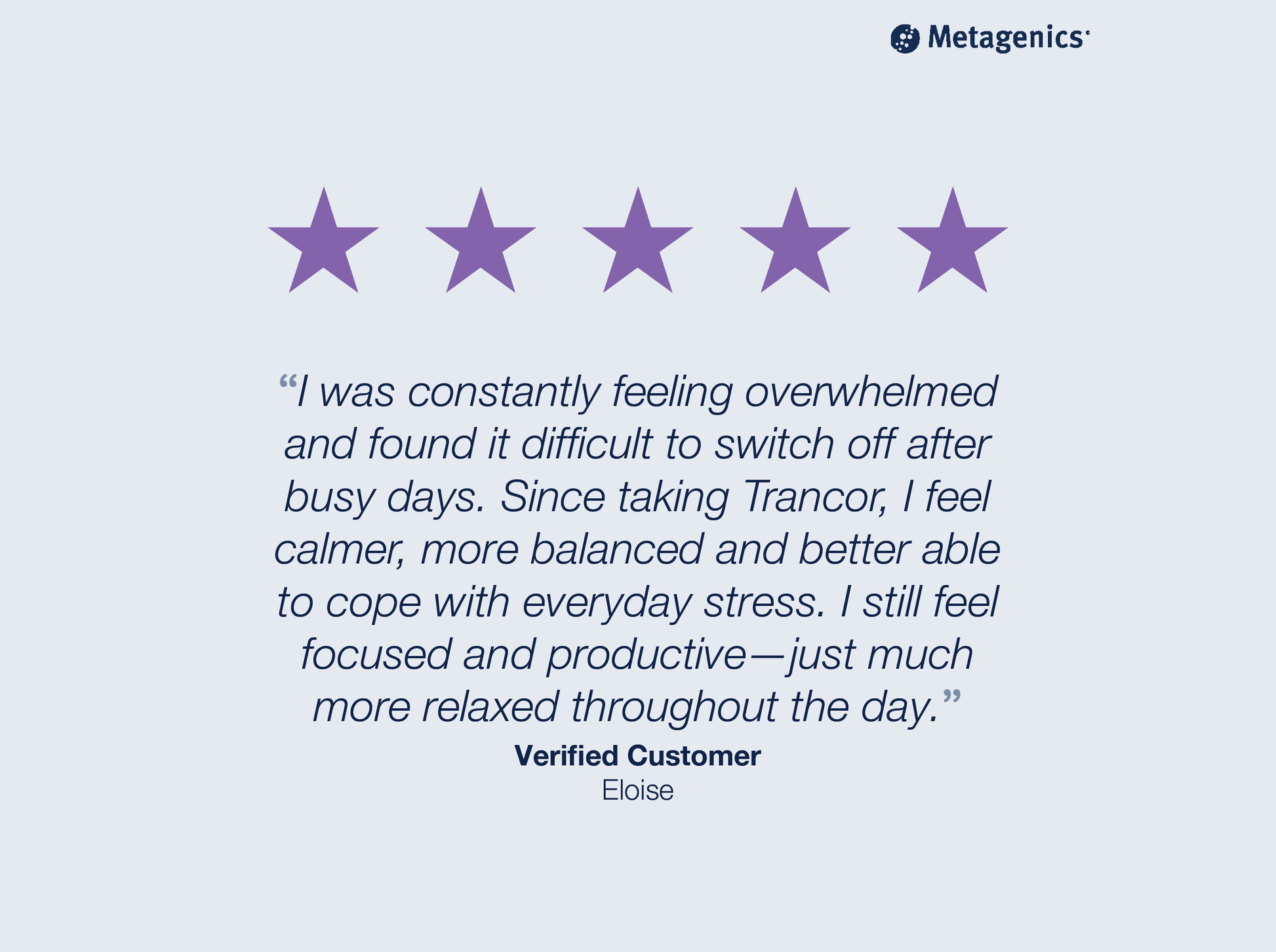 Five-star customer review for Trancor with testimonial text and Metagenics branding