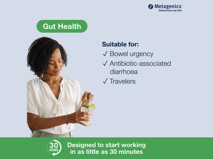 Information about digestive health and immunity support with UltraFlora Acute Care Probiotic and lifestyle imagery
