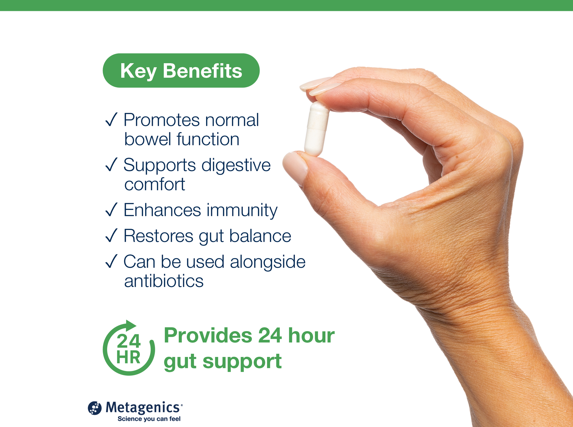 Hand holding a probiotic capsule beside key product benefits and Metagenics branding