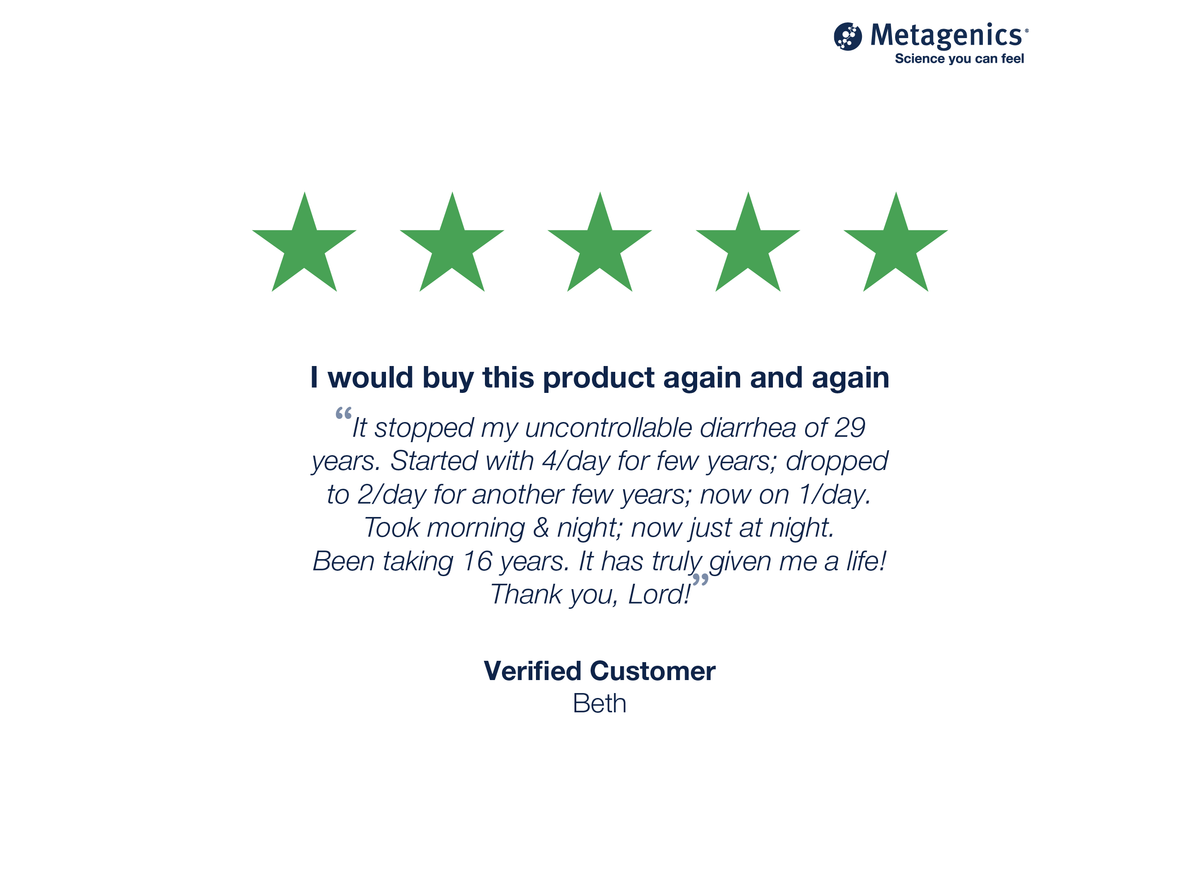 Five-star customer review for UltraFlora Acute Care Probiotic with testimonial text and Metagenics branding