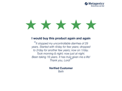 Five-star customer review for UltraFlora Acute Care Probiotic with testimonial text and Metagenics branding