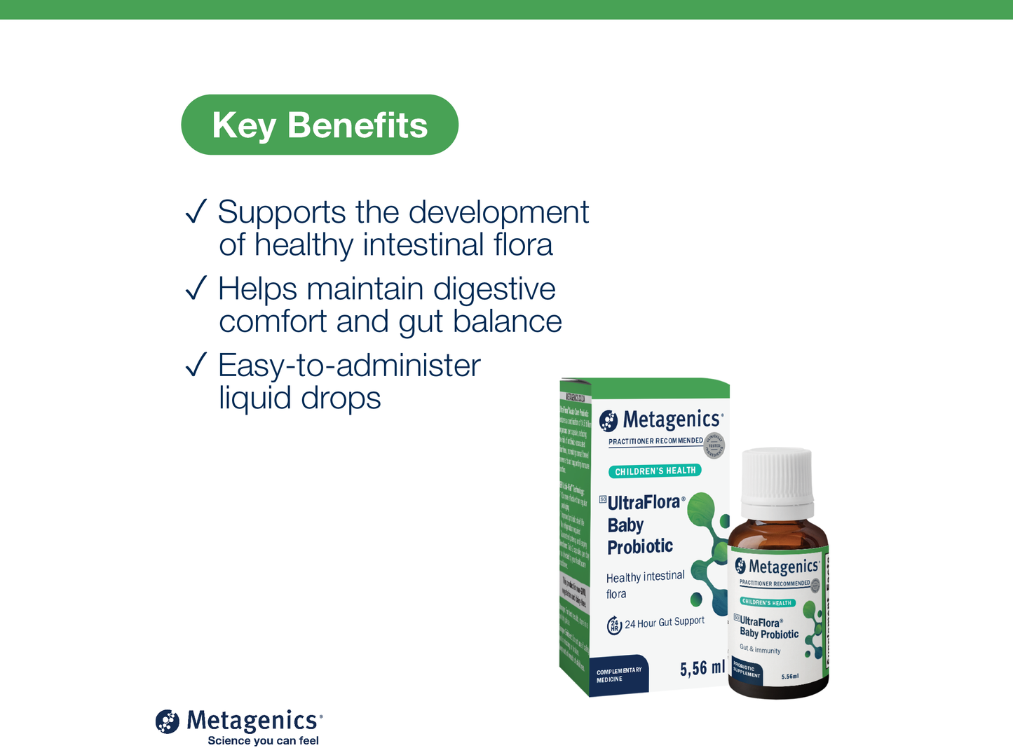 UltraFlora Baby Probiotic bottle displayed beside key product benefits and Metagenics branding